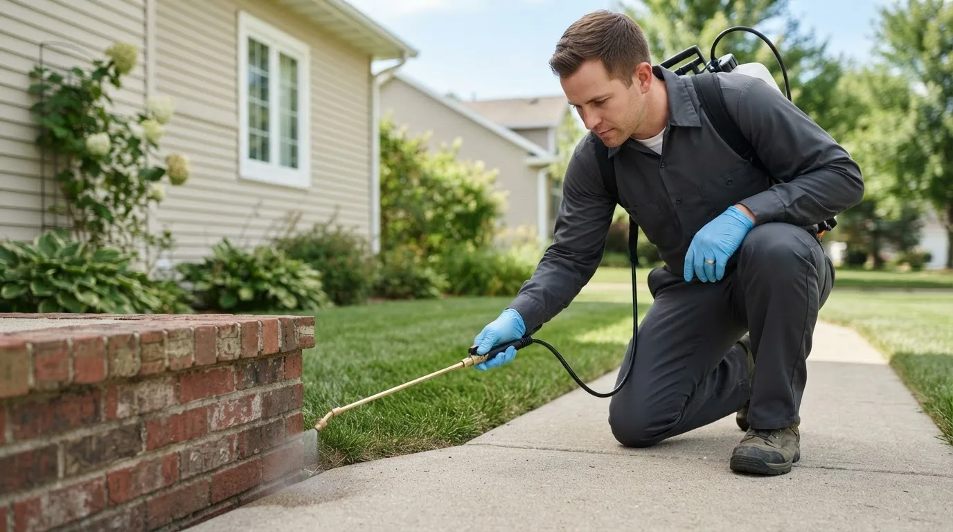 Pest control technician treating a home near Rea, MO